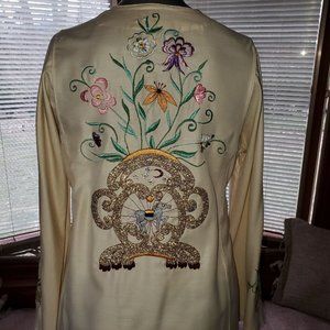 Boho VTG Metallic Embroidered Slub Silk Kaftan Maxi Dress Beige Gold Multi Sz S